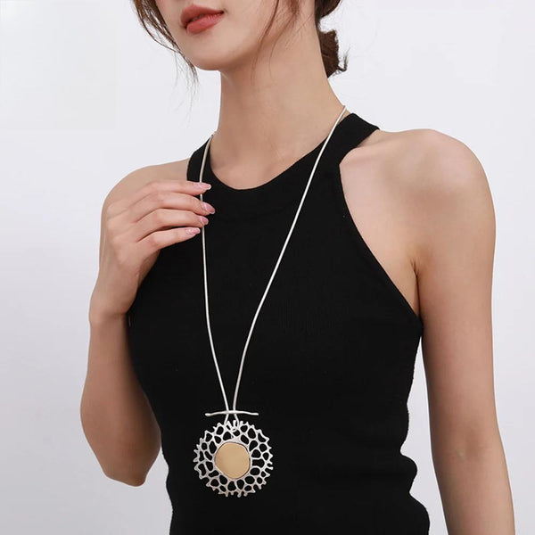 Vintage Long Chains Necklaces Geometric Pattern Plate Pendants