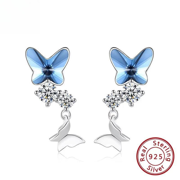 Butterfly Design Earrings 925 Sterling Silver Elegant Austrian Crystal Dream Exquisite Stud Earring for Women