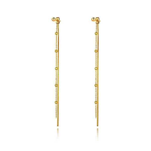 Pendientes largos con borlas de acero inoxidable chapados en oro de 18 quilates