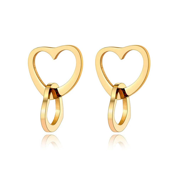 Pendientes románticos de titanio y acero inoxidable con doble corazón estilo oficina para mujer