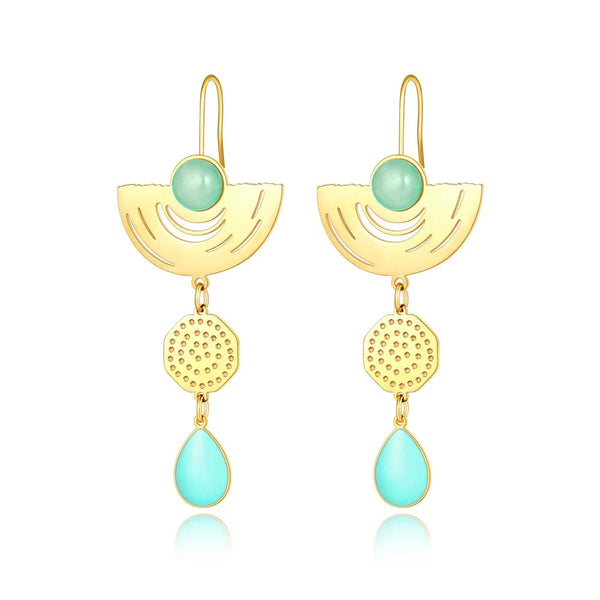 Pendientes colgantes vintage de acero inoxidable con ópalos geométricos, chapados en oro de 18 quilates, estilo bohemio para fiesta.