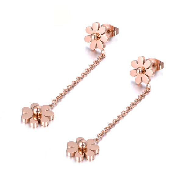 Pendientes largos con doble margarita pequeña para mujer