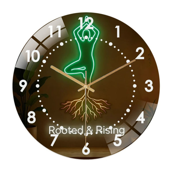 Decor Wall Clock: Rooted & Rising Yoga  Glass Wall Clock– Spiritual And MindfulnessGlass Wall Clock for Haunted House & Party Decor for Homes, Bars, Offices, Man Caves, Garages, And Living Rooms