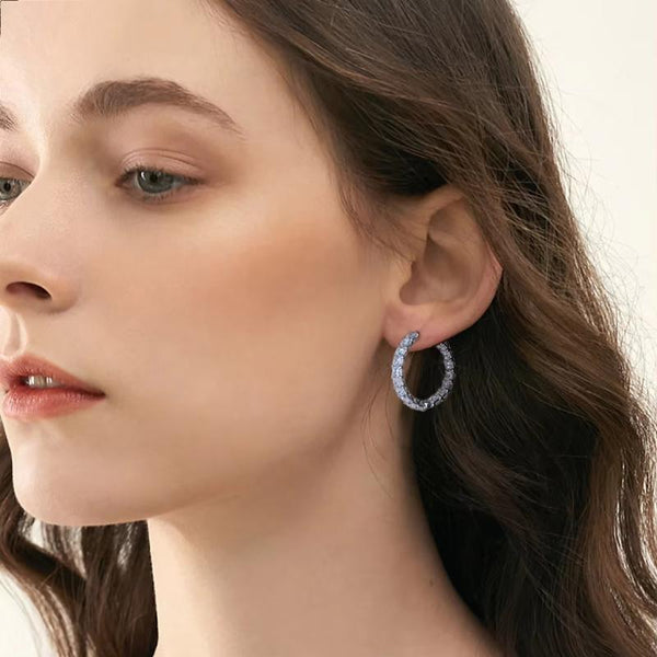 Brilliant 925 Sterling Silver Round Hoop Earrings Shiny 8A Premium Zircon Ear Buckle for Women