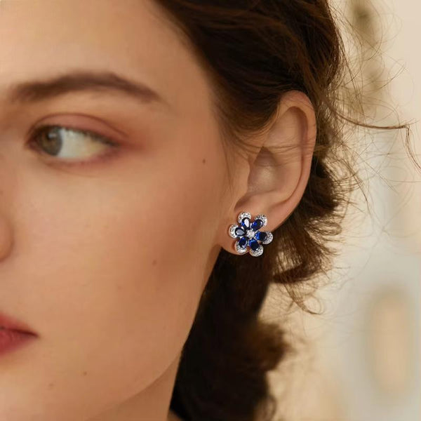 925 Sterling Silver Brilliant Zircon Stud Earrings with Created Sapphire Women