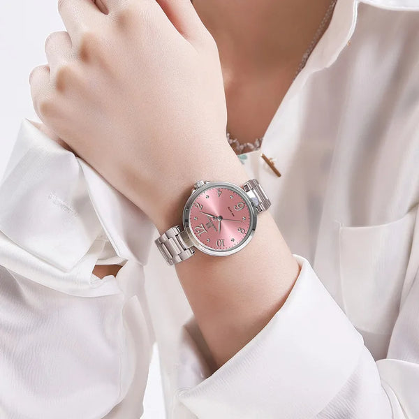 Relojes de cuarzo de lujo para mujer, reloj de pulsera sencillo de acero inoxidable resistente al agua para mujer.