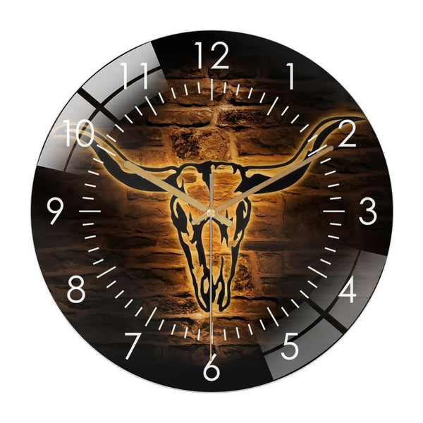 Decor Wall Clocks: Longhorn Bull Skull Glass Wall Clock,Cowboy Western Life Glass Wall Clock, Home Decor Boho Buffalo Decoration Man Cave Housewarming Father's Day Style 12×12inch(30×30cm)