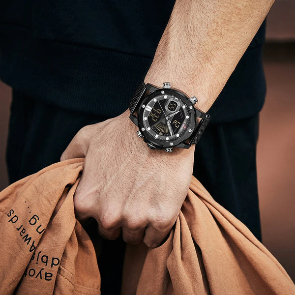 Relojes de hombre de cuarzo digital, reloj masculino, deportivo militar, de malla, de acero inoxidable, marca de lujo, reloj de pulsera