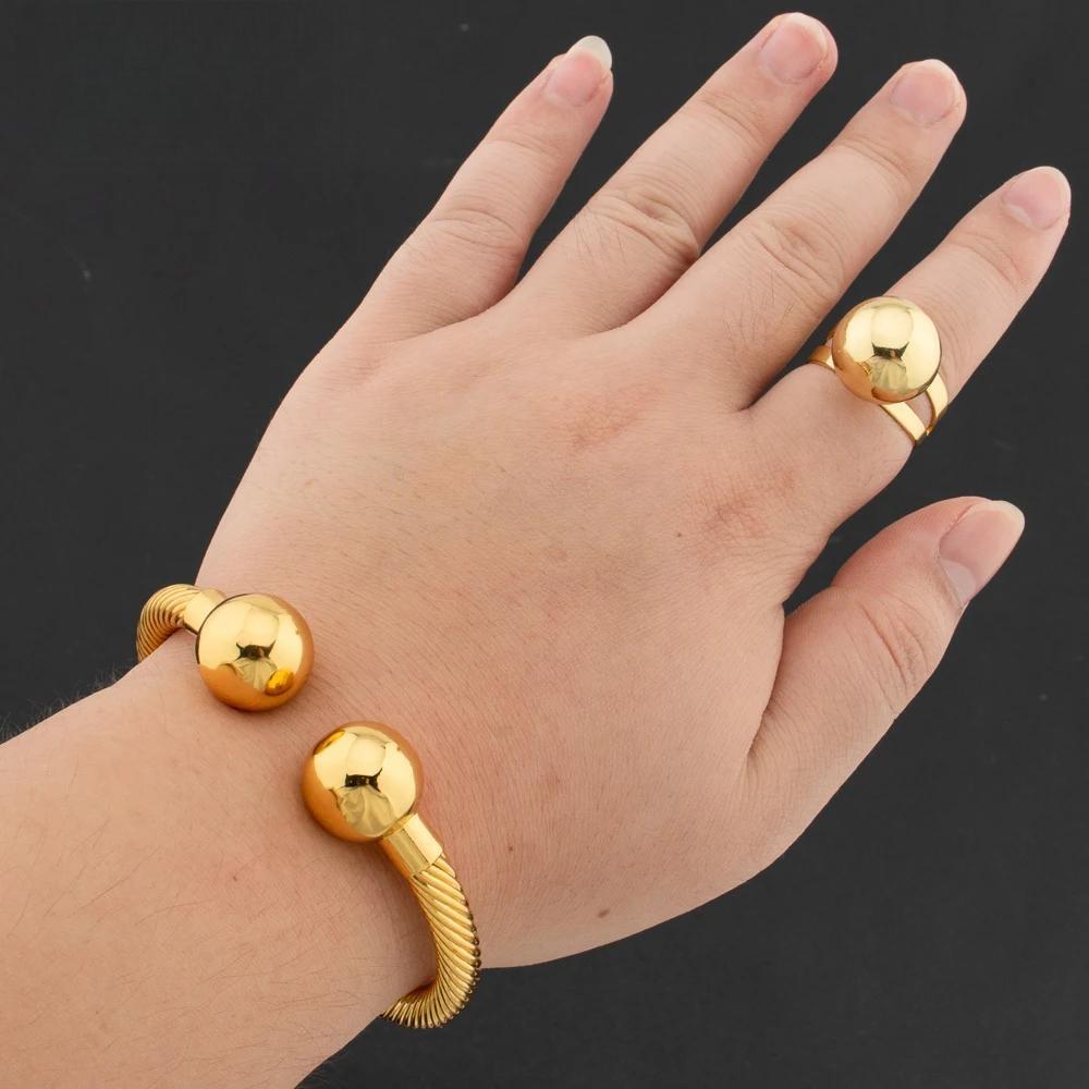 Dubai Round Beads  Gold Color Cuff Bangle with Ring Set