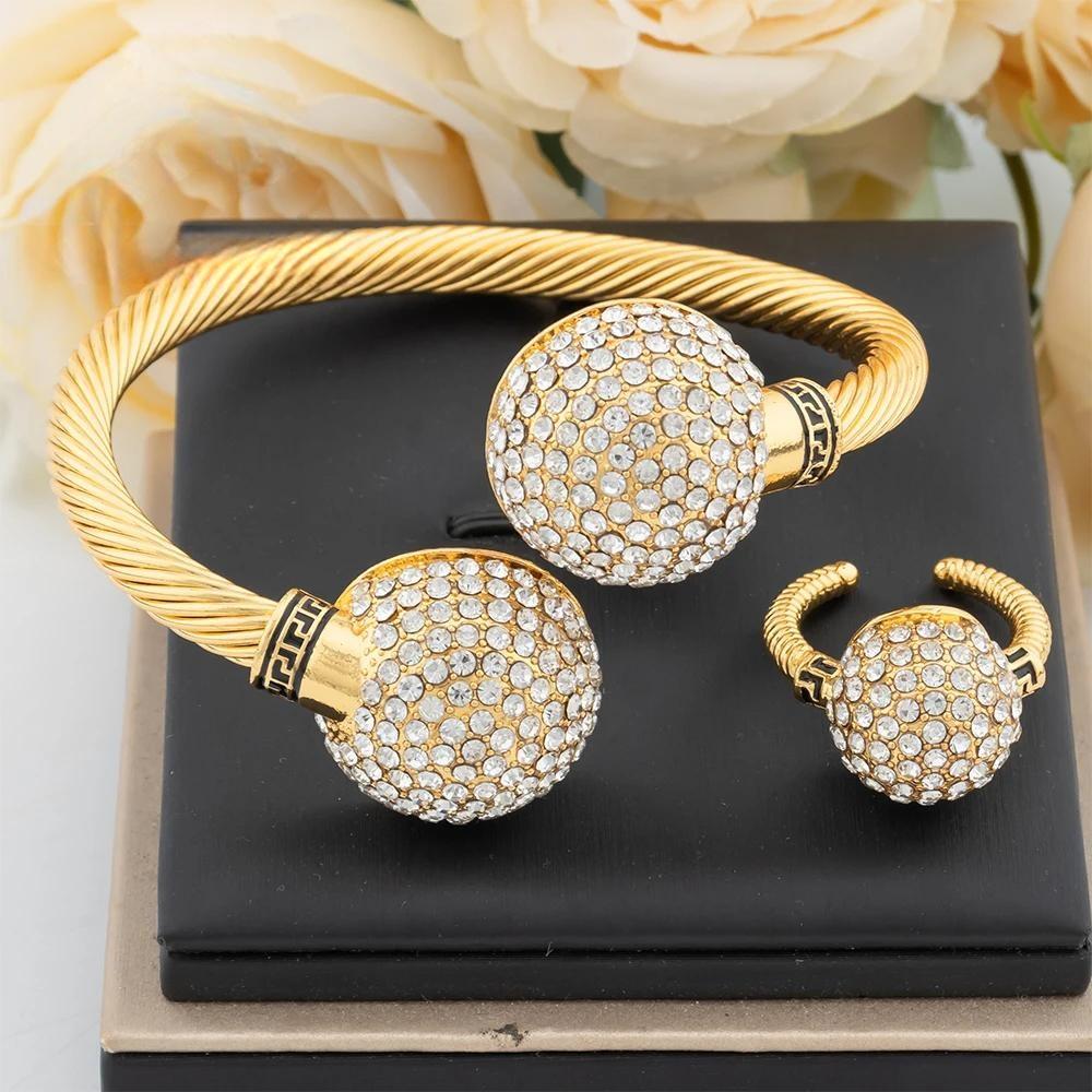 Gold Plated Cuff Bangles with Ring For Women Charm Bracelet Colored Zircon Jewelry Set