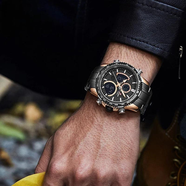 Reloj de pulsera luminoso analógico digital de lujo para hombre, color oro rosa y negro.