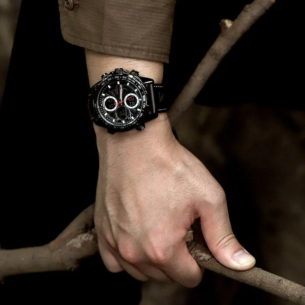 Relojes para hombre, deportivos militares, impermeables, de cuero genuino, reloj de pulsera multifunción para hombre