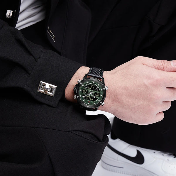 Reloj de pulsera deportivo militar de cuero para hombre, resistente al agua, con doble pantalla, cronógrafo, luminoso.
