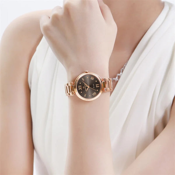Reloj de alta calidad para mujer, pulsera de acero inoxidable a la moda, relojes de pulsera de cuarzo para mujer.