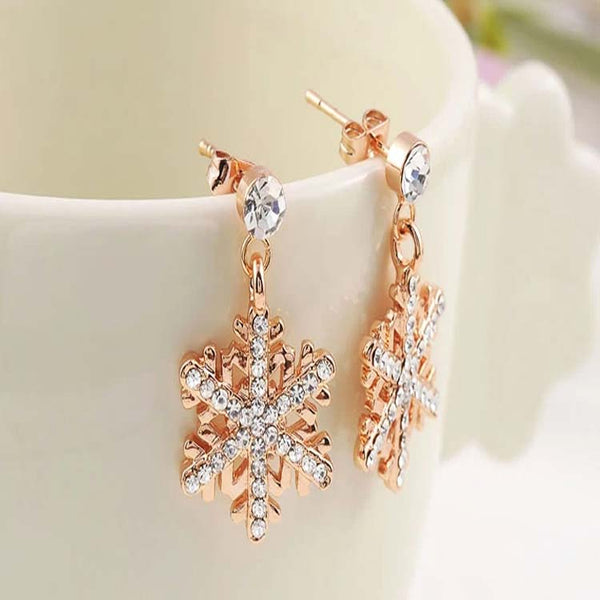 Pendientes de copos de nieve de cristal en color oro rosa de moda