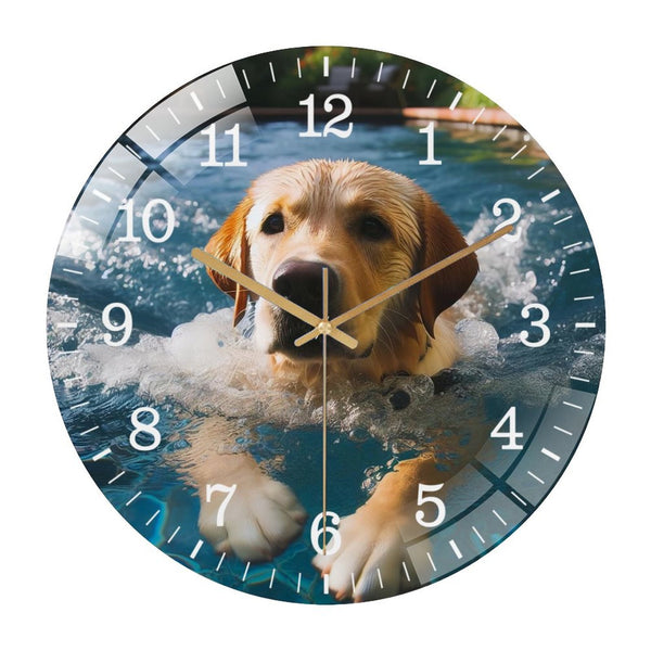 Decor Wall Clocks: Yellow Labrador Swimming Dog  Glass Wall Clock ,Dog Lover  Wall Clock  for Homes, Bars, Offices, Man Caves, Garages, And Living Rooms. .Also Makes A Great Gift.