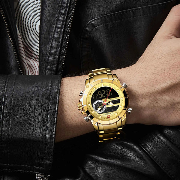 Reloj de pulsera deportivo militar para hombre, de cuarzo dorado, de acero inoxidable, resistente al agua, con doble pantalla.