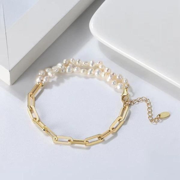 925 Sterling Silver Handmade Paperclip Chains with Natural Pearls Double Strand Bracelet for Women