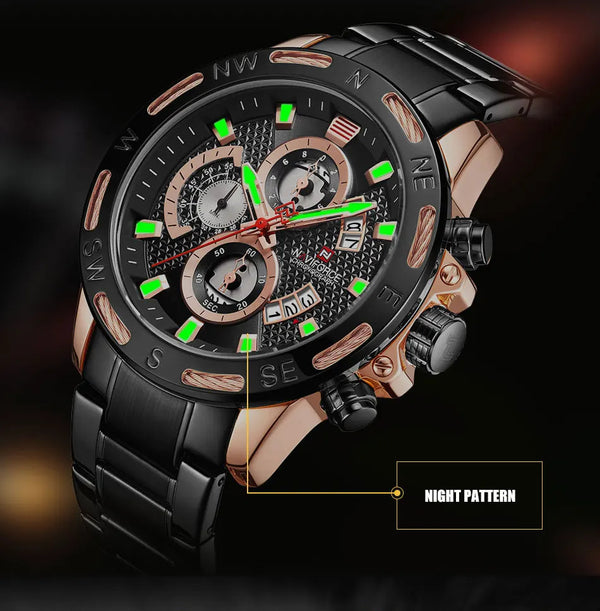 Relojes de cuarzo con cronógrafo y esfera dorada para hombre, relojes de pulsera de acero inoxidable resistentes al agua a la moda.