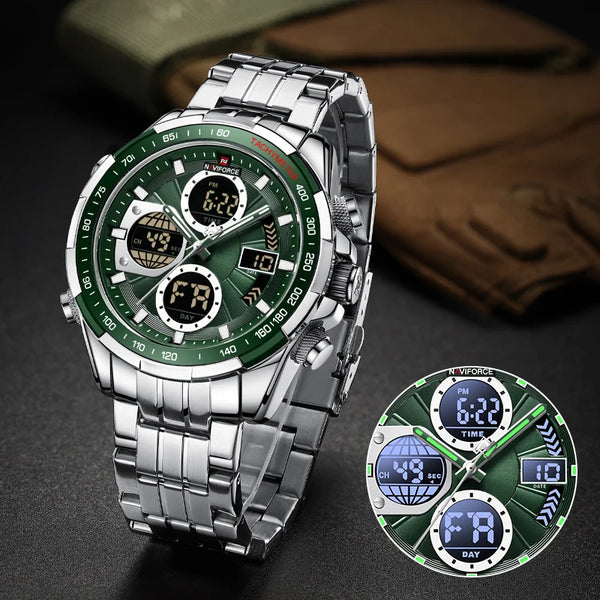 Nuevo reloj de pulsera de negocios de moda para hombre, reloj de acero inoxidable resistente al agua para hombre, reloj de cuarzo con doble pantalla.