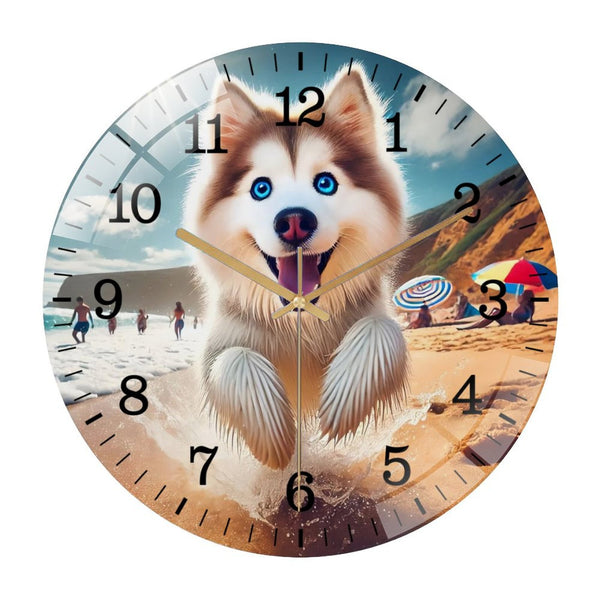Decor Wall Clocks: Husky on The Beach Glass Wall Clock ,Dog Lover  Wall Clock  for Homes, Bars, Offices, Man Caves, Garages, And Living Rooms. .Also Makes A Great Gift.