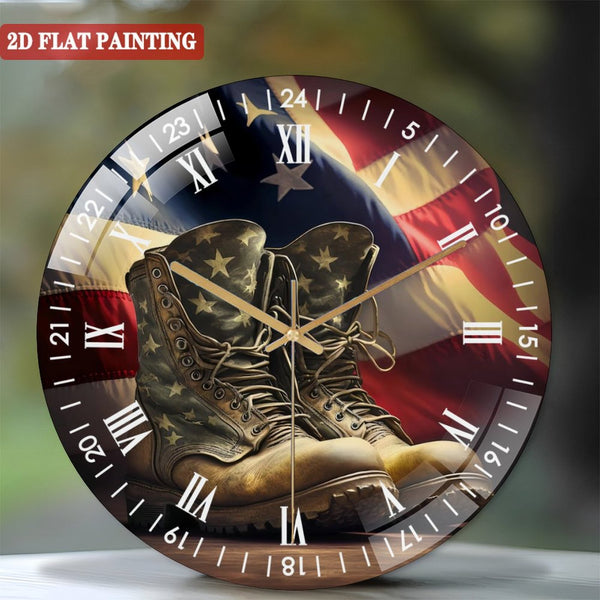Clock Wall Decor: Military Boots American Flag Patriotic Glass Wall Clock,  Military Boots Decor Wall Clock for Homes, Bars, Offices, Man Caves, Garages, And Living Rooms. Style 12×12inch(30×30cm)