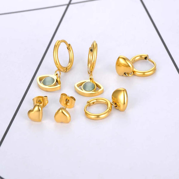 Pendientes de acero inoxidable chapados en oro de 18 quilates con forma de ojo de ópalo (juego de 3 pares)