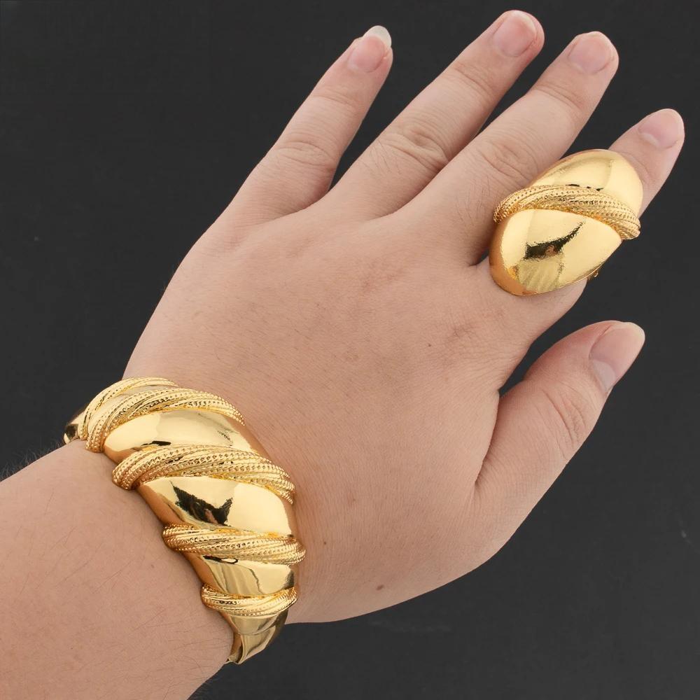 Dubai Round Beads  Gold Color Cuff Bangle with Ring Set
