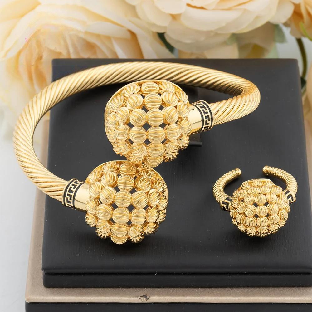 Gold Plated Cuff Bangles with Ring For Women Charm Bracelet Colored Zircon Jewelry Set