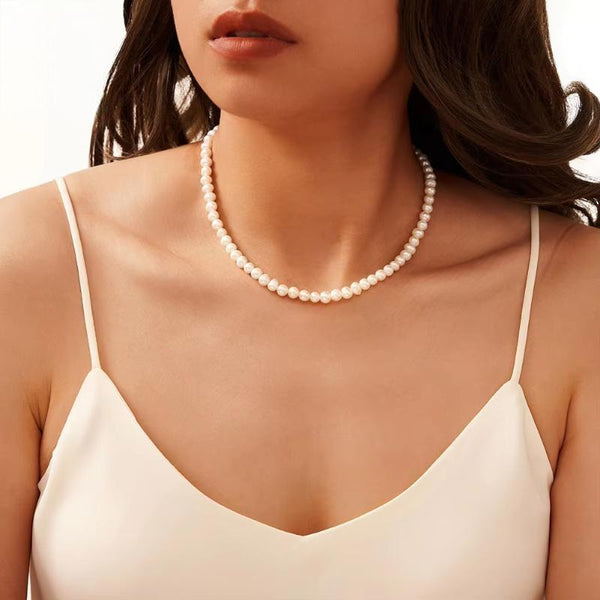 925 Sterling Silver 6-7mm Pearls Beads Choker Chain Freashwater Pearl Necklace for Women