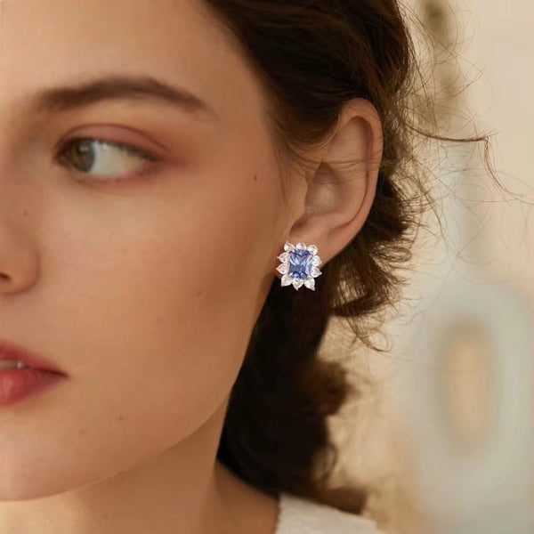 Exquisite 925 Sterling Silver Luxury Created Sapphire Stud Earrings for Women
