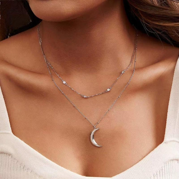 Moon Shape Pendant Necklace 5A Clear CZ Neck Chain Genuine 925 Sterling Silver for Women