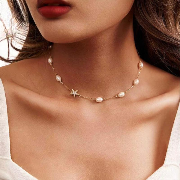 Gargantilla con corte de estrella y perlas cultivadas de agua dulce de plata 925 auténtica para mujer