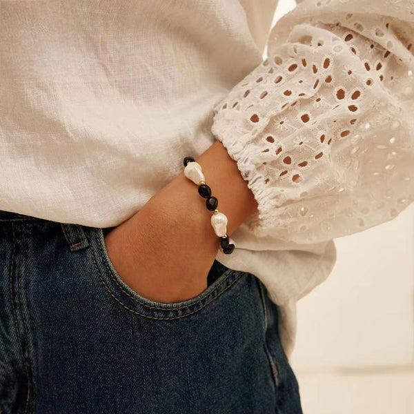 Pulsera de cadena de obsidiana de plata de ley 925 con perla barroca vintage para mujer