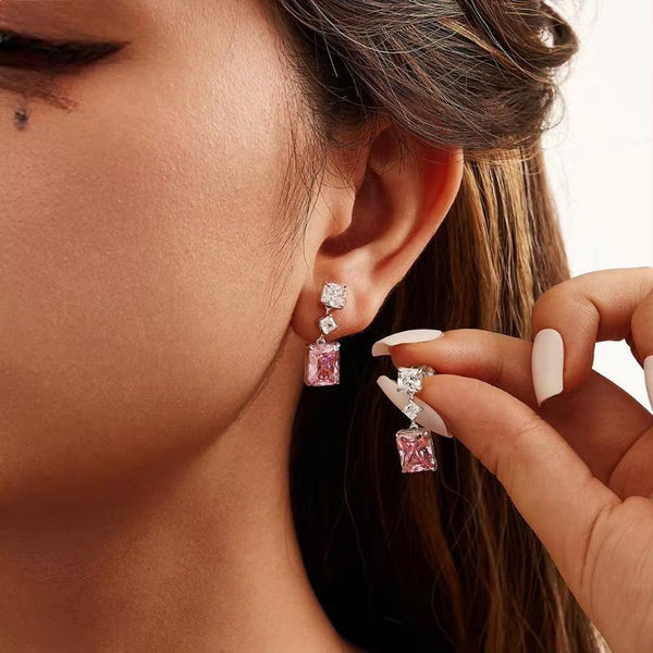 Pendientes colgantes vintage de circonita rosa transparente 5A en plata de ley 925 para mujer
