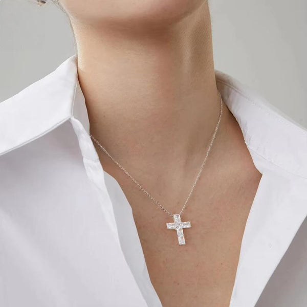 925 Sterling Silver Brilliant 8A Premium Cubic Zirconia Diamond Cross Necklace for Women