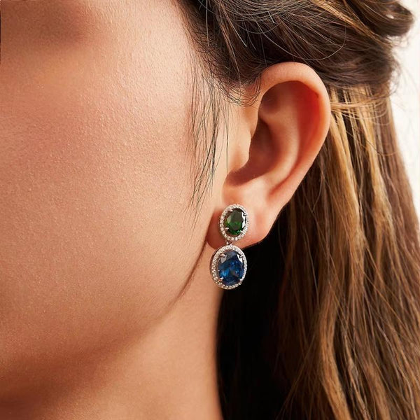 925 Silver Created Sapphire Dangle Earrings with Created Emerald 5A Clear CZ for Women