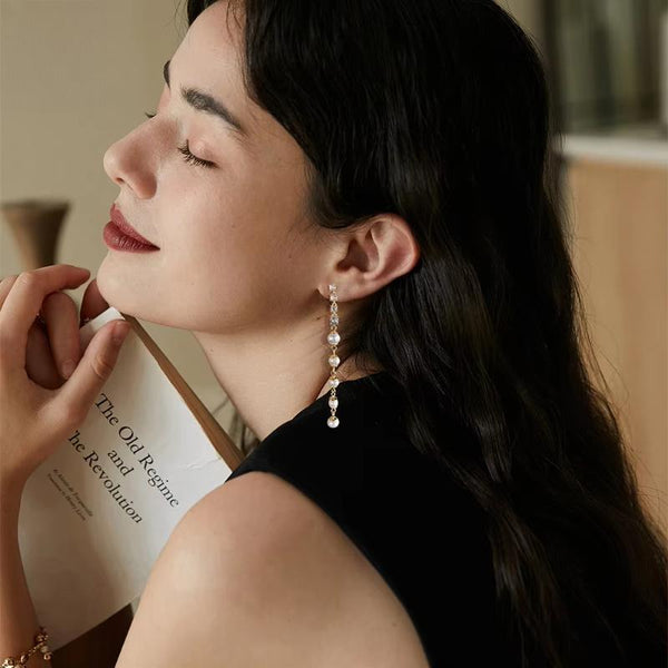 14K Gold Elegant Tassel Earings Silver 925 Natural Pearl 73cm Long Chain Earrings for Women