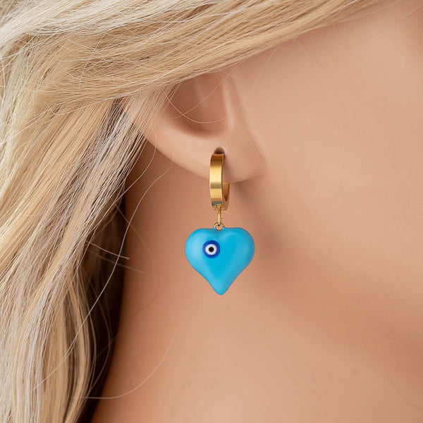 Pendientes de aro con forma de corazón y ojos turcos de color azul étnico para mujeres y niñas