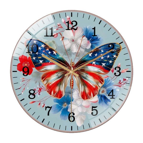 Decor Wall Clock: Butterfly Welcome Glass Wall Clock,Butterfly Patriotic American Flag Decor Wall Clock  for Homes, Bars, Offices, Man Caves, Garages, And Living Rooms .Also Makes A Great Gift.