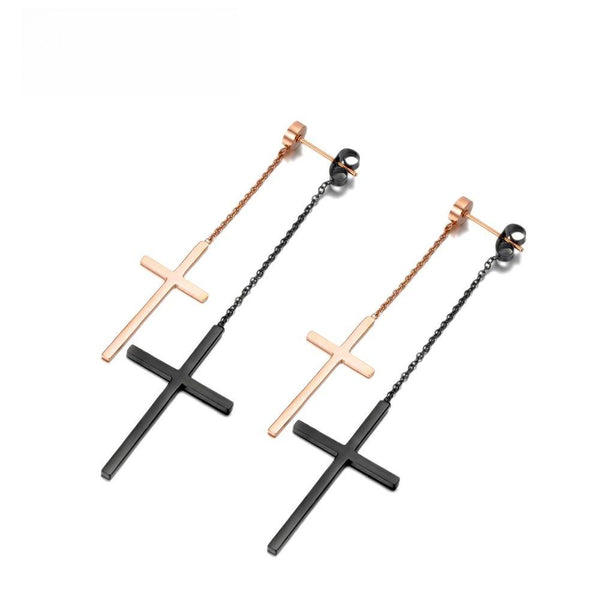 Pendientes colgantes de acero inoxidable con doble cruz en color negro y oro rosa.