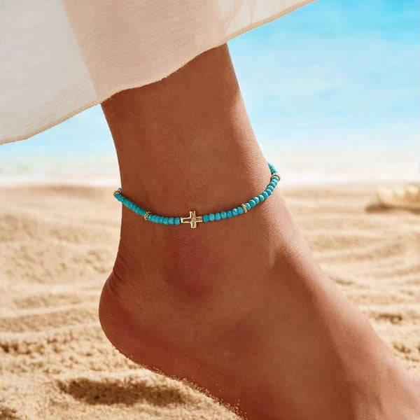 925 Sterling Silver Natural Turquoise Anklet with 14K Gold Cross for Women