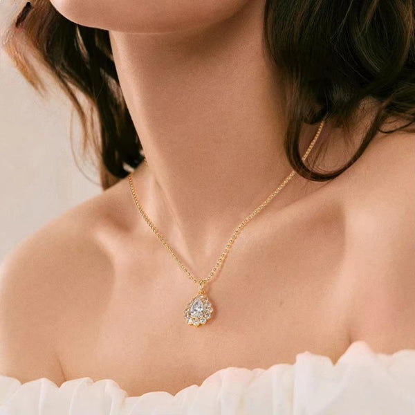 Classic 925 Sterling Silver Water Drop Shiny CZ Chain Necklaces Pendant for Women