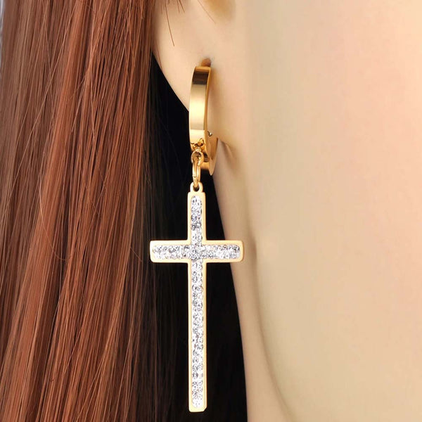 Pendientes de aro de acero inoxidable con brillantes diamantes de imitación en forma de cruz