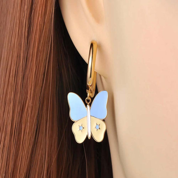Pendientes de aro con mariposa esmaltada de acero inoxidable y titanio de moda