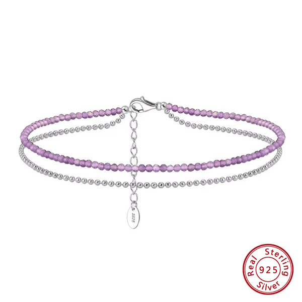 Layered Ball Chain& Amethyst Chain Anklets 925 Silver Adjuatable Women Anklet Bracelet