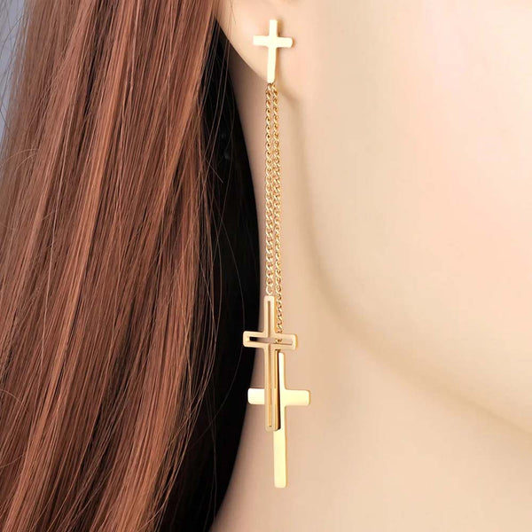 Pendientes colgantes con borlas cruzadas de acero inoxidable chapado en oro