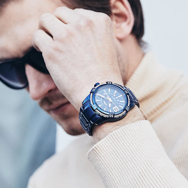 Reloj de pulsera para hombre, de acero azul, con fecha, resistente al agua, de cuarzo, de lujo.