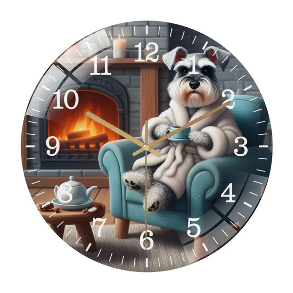 Decor Wall Clocks: Schnauzer in A Bathrobe Drinking Coffee Sitting in Captains Chair in Front of A Fireplace on A Glass Wall Clock ,Dog Lover  Wall Clock  for Homes, Bars, Offices, Man Caves, Garages
