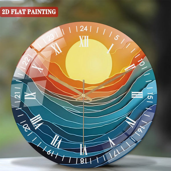 Clocks Wall Decor: Sunset Stained Tempered Glass Round Glass Wall Clock,  Sunset Stained Glass Window Decor Wall Clock for Homes, Bars, Offices, Man Caves, Garages, And Living Rooms.